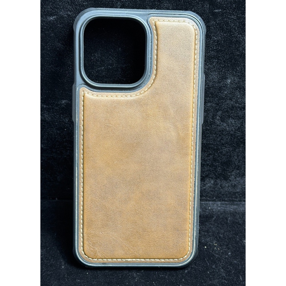 iPhone 14 Pro Max Case: Brown Faux Leather, Honeycomb Shockproof, Gray Frame
